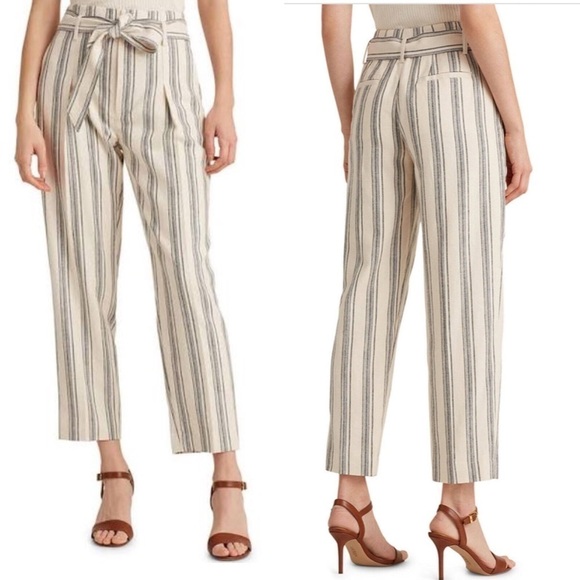 LAUREN RALPH LAUREN NWT Linen Blend Tie High Waist Pants Size 4 in Blue Stripe - Picture 1 of 15